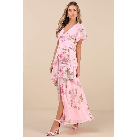 NWT Lulus Midnight Mood Pink Floral Print Tiered Maxi Dress Wedding Formal Sz XL - Picture 1 of 8